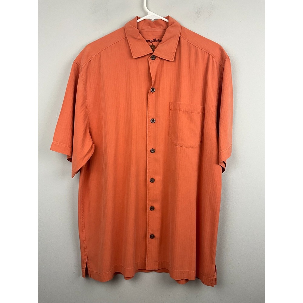 Tommy Bahama 100% Silk Orange Short Sleeve Button Up Shirt Men's Size L Casual W